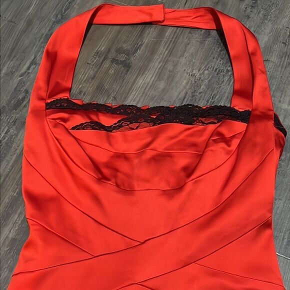 Issue red Stretch Satin Bodycon Halter Dress Black Lace Trim Valentines Day Sexy - Picture 2 of 7